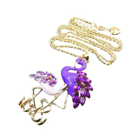 Betsey Johnson Necklace Purple Enamel & Rhinestone Brooch / Pendant Gold Tone - Picture 1 of 2